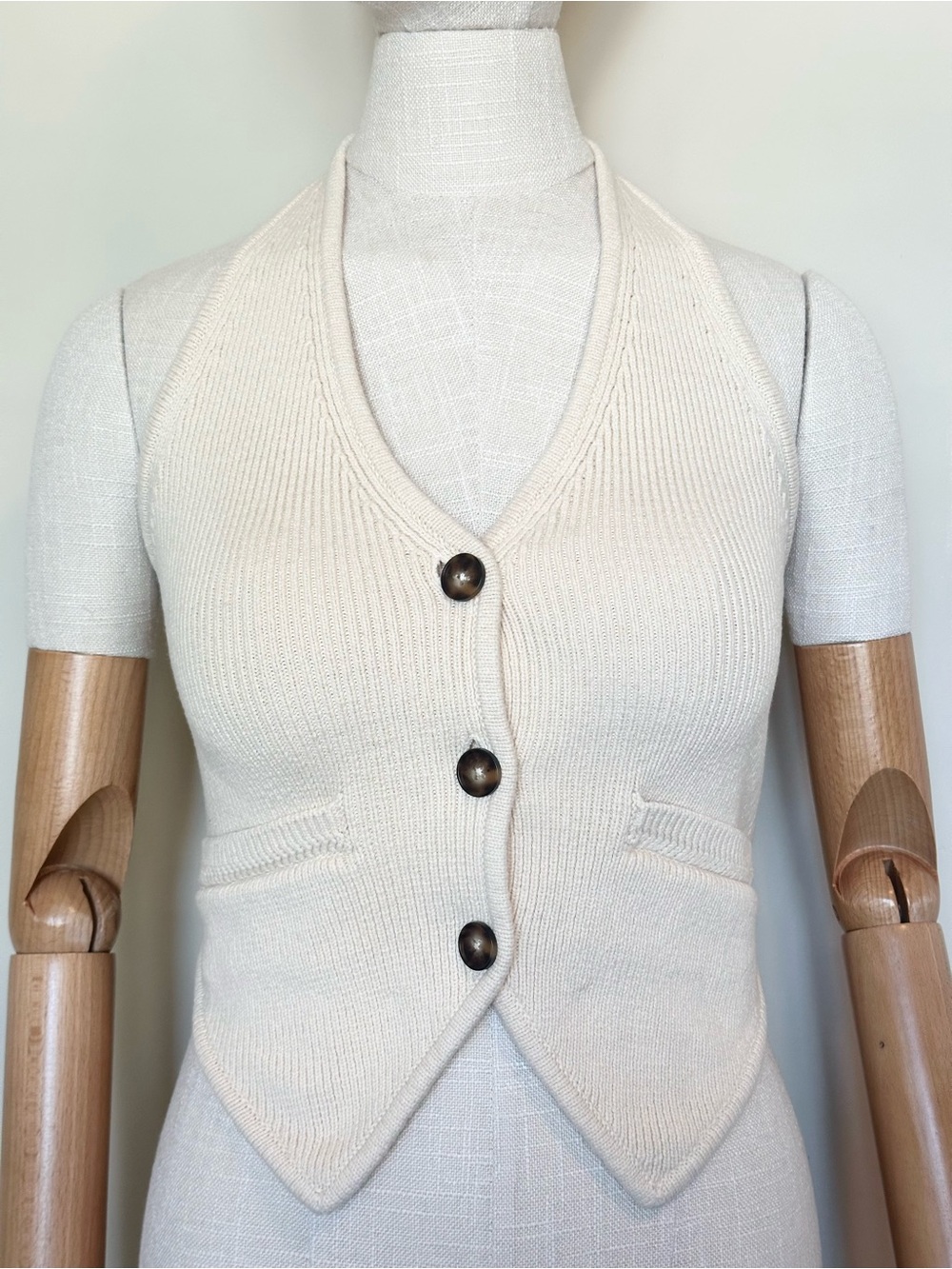 Reformation Organic Cotton Cream Knit Halter Button-Front Vest Top